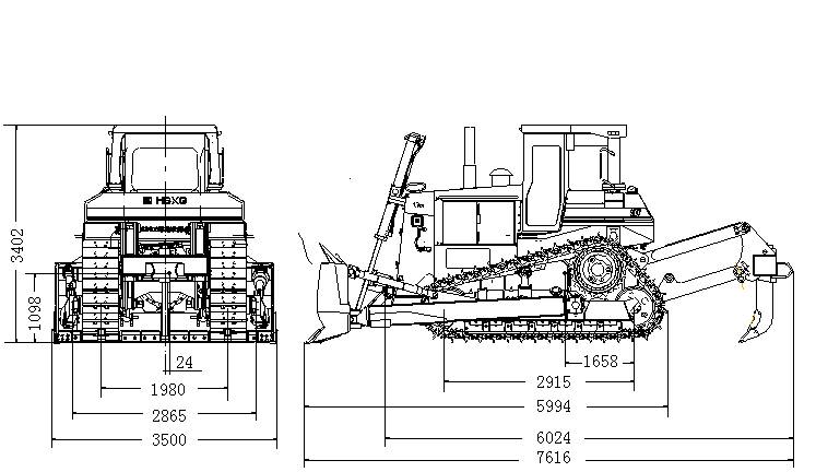 Technical line drawing of an SD7N bulldozer with front/side views and key dimensions