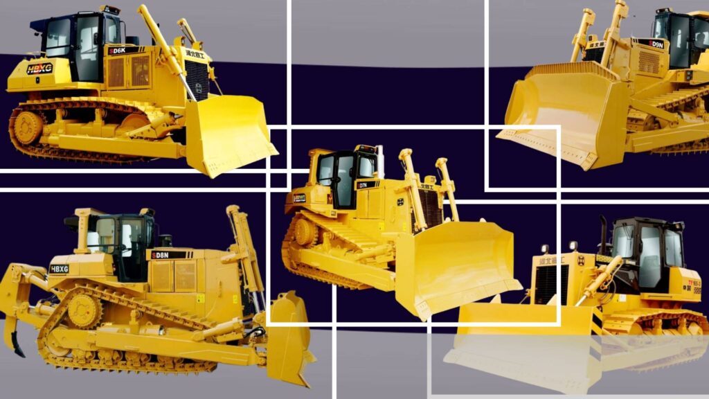 Collage of various yellow HBXG crawler bulldozers