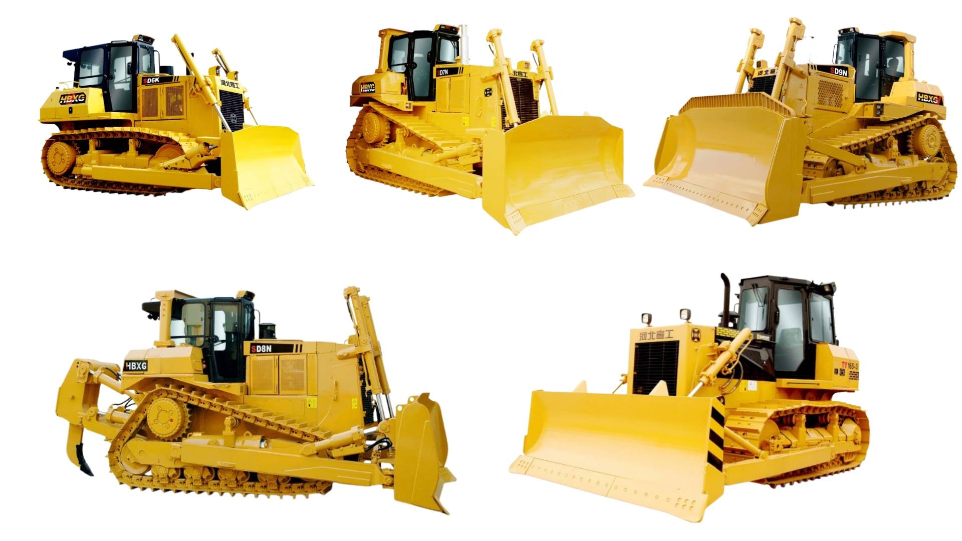 Row of yellow HBXG crawler dozers lined up for sale