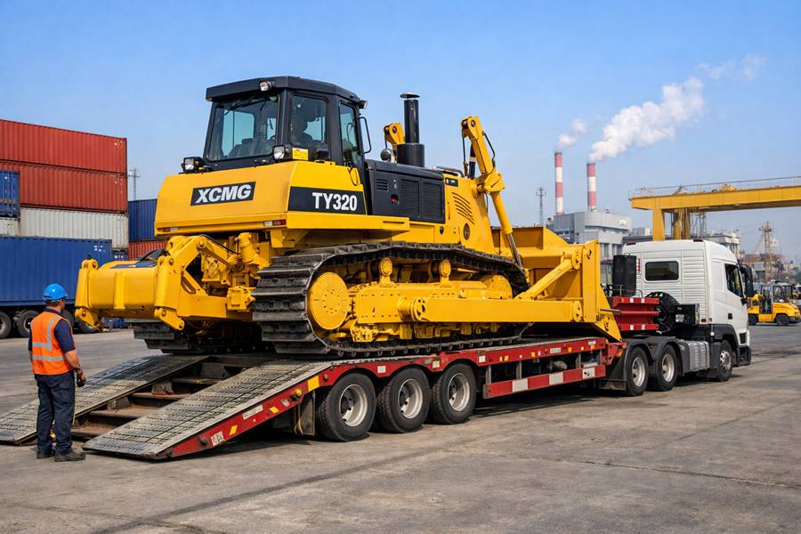  An XCMG TY320 bulldozer, painted yellow and black, being carefully loaded onto a flatbed transport truck at a busy factory yard or logistics port, ready for shipping.