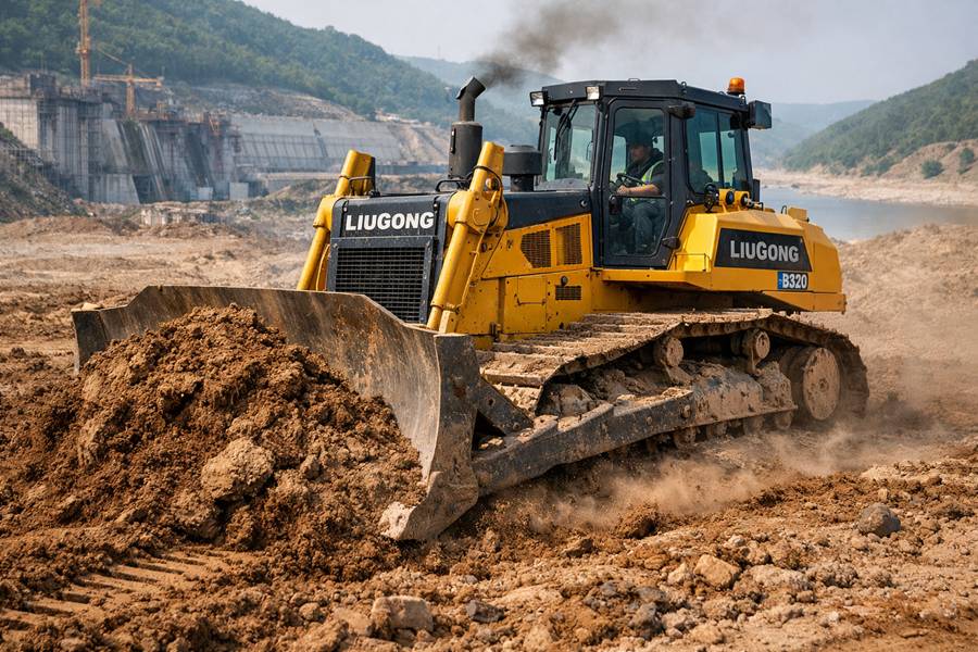 A yellow and black LiuGong B320 bulldozer actively clearing land and churning soil at a dam construction project site, with mountains and a reservoir in the background.