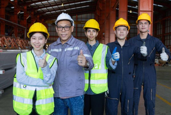 Happy construction engineers and project managers in front of a bulldozer