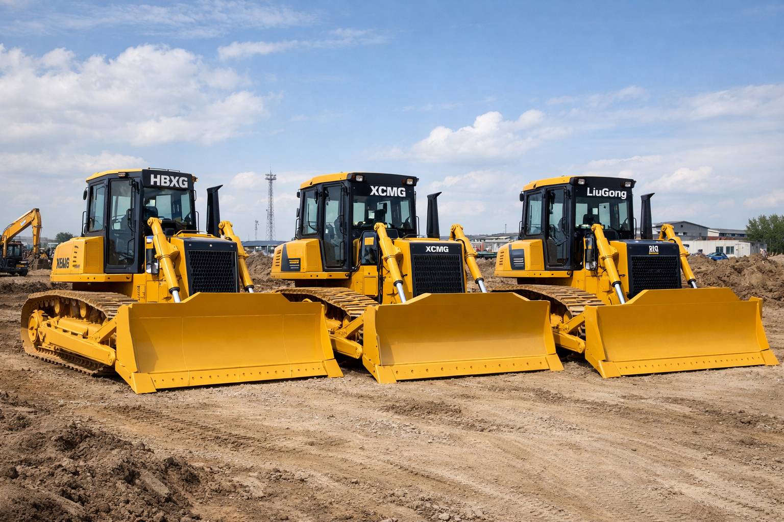 Multiple bulldozers from HBXG, XCMG, and LiuGong parked on a construction site