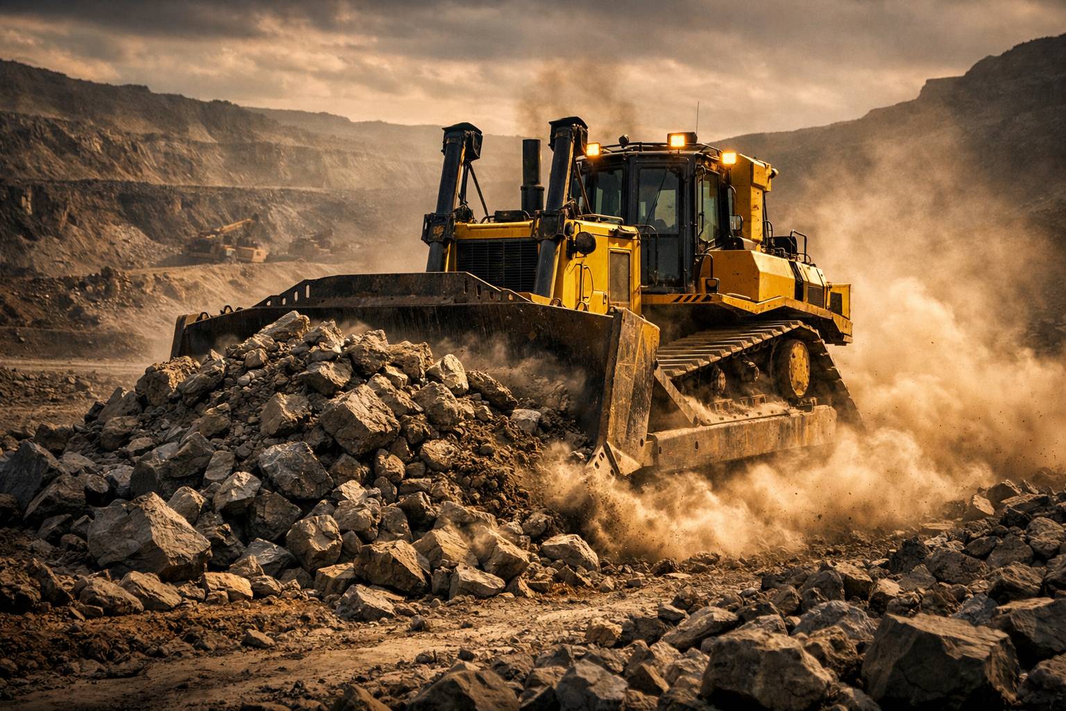 Powerful yellow bulldozer working in a large open-pit mine