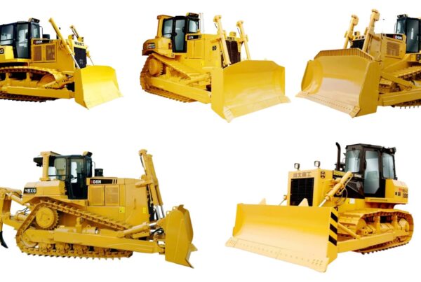 Multiple yellow crawler bulldozers from different models