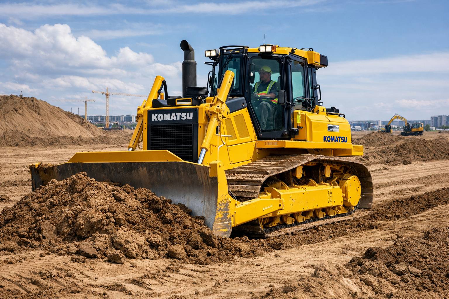 A yellow Komatsu bulldozer, a strong alternative to a CAT dozer, pushing dirt on a construction site with modern buildings in the background.