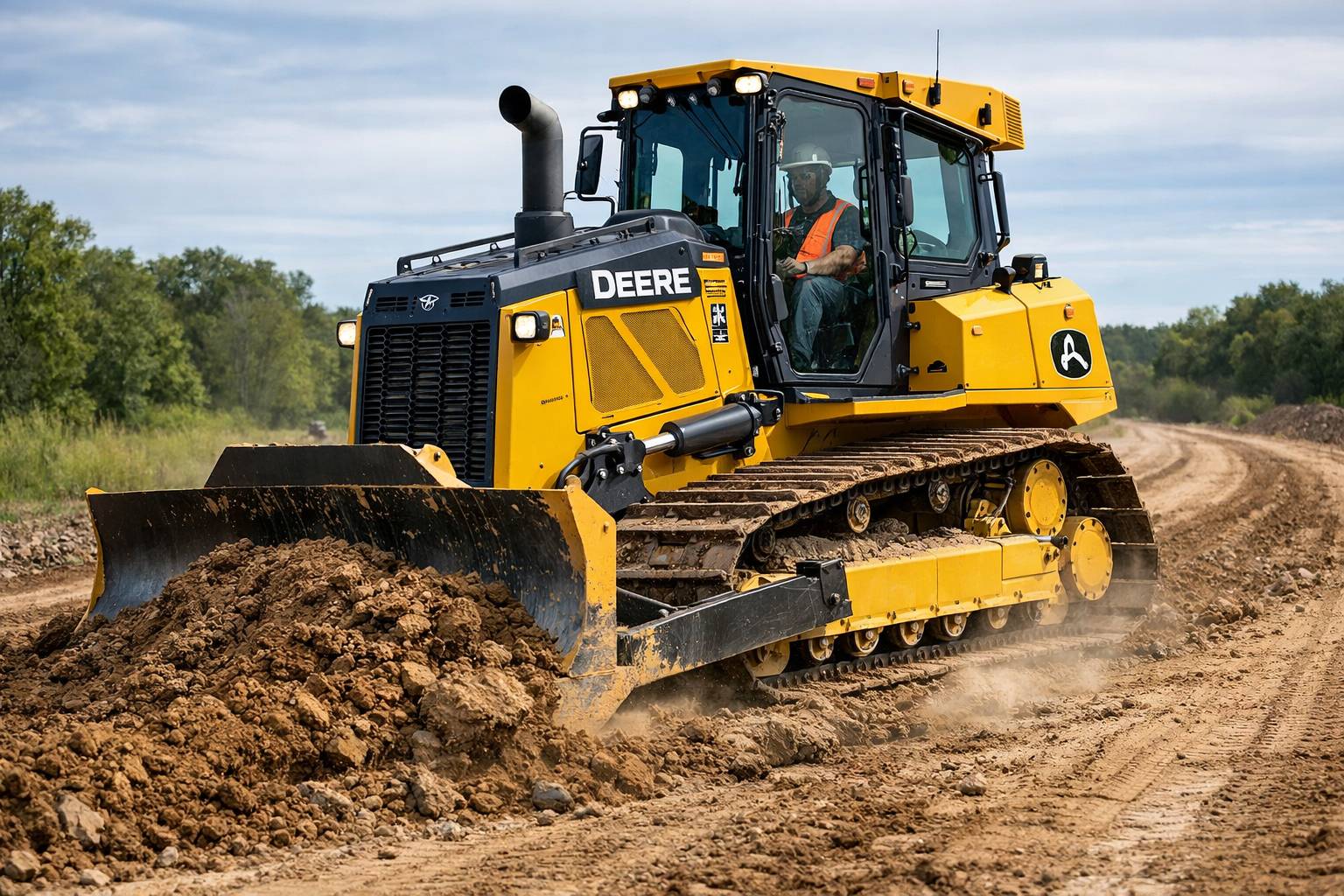 A yellow and black John Deere bulldozer, a reliable alternative to a CAT dozer, grading a road bed on a construction site.