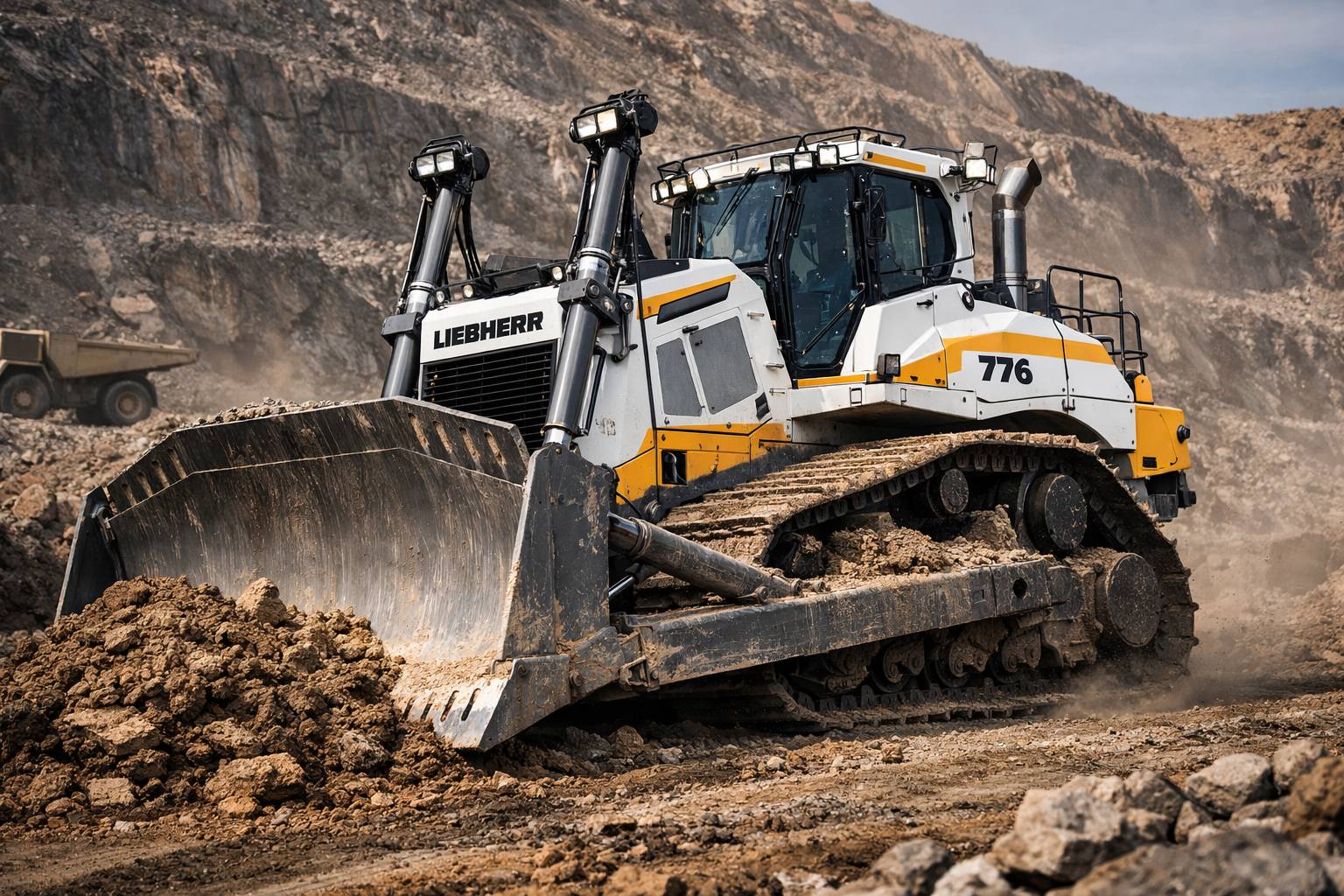 A large white and yellow Liebherr bulldozer, a powerful alternative to a CAT dozer, operating in a mining environment.