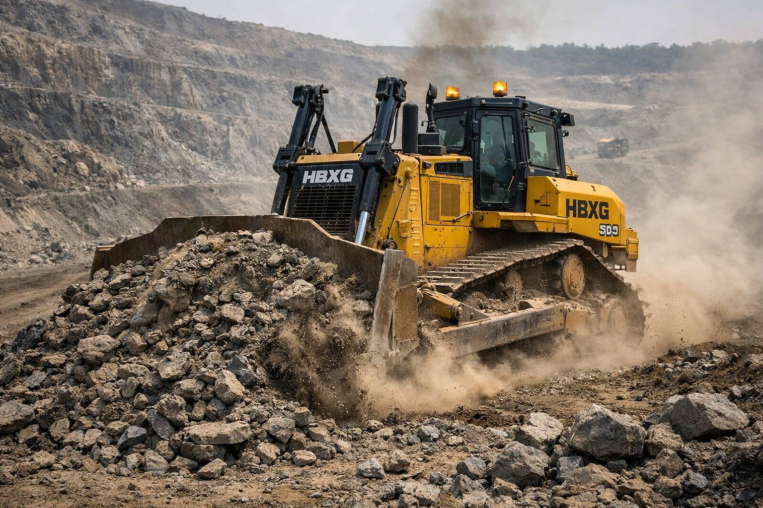 A yellow HBXG bulldozer, a robust alternative to a CAT dozer, pushing rock and earth in an open-pit mine.