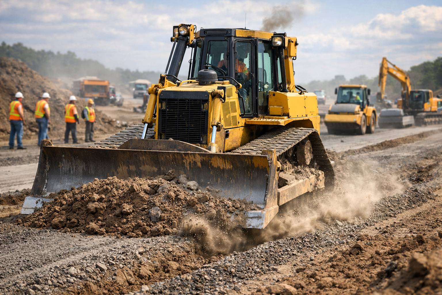 A yellow HBXG bulldozer, an efficient alternative to a CAT dozer, leveling a road bed on a construction site.