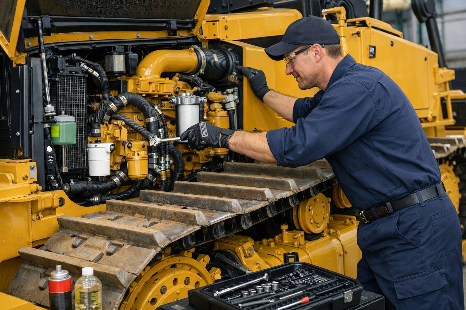 A mechanic performing maintenance on the engine of a yellow HBXG bulldozer, demonstrating its easy serviceability as a CAT dozer alternative.