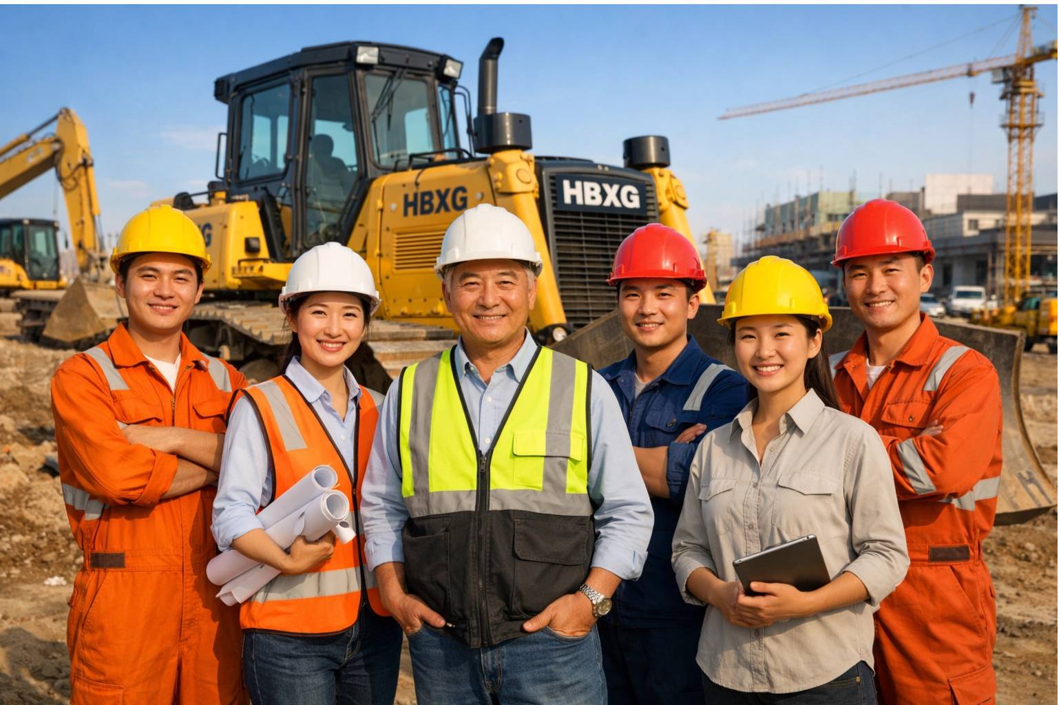A professional and proud team of Chinese construction engineers and equipment operators standing together in front of a yellow HBXG bulldozer at a busy Chinese construction site, wearing orange and yellow safety vests.