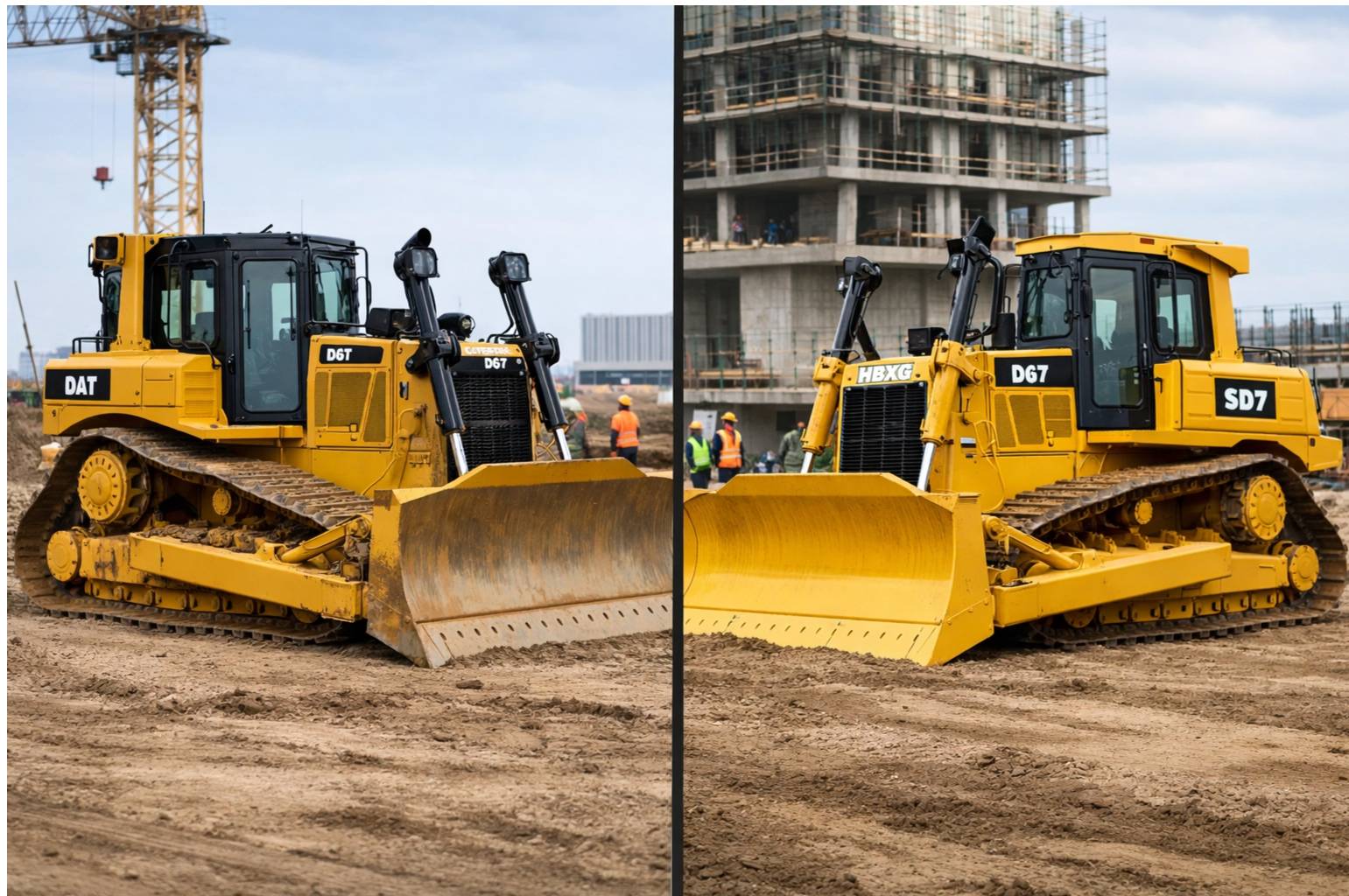 Side-by-side comparison of yellow HBXG SD7 and Caterpillar D6T bulldozers on a construction site, showing similar design and power.