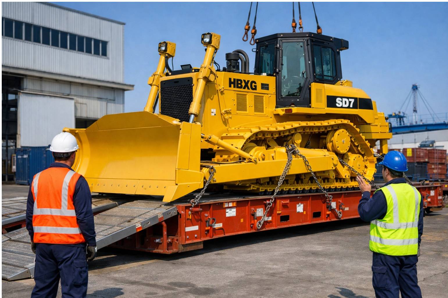 A bright yellow HBXG SD7 bulldozer being carefully loaded onto a flatbed container truck at a factory yard with workers supervising.