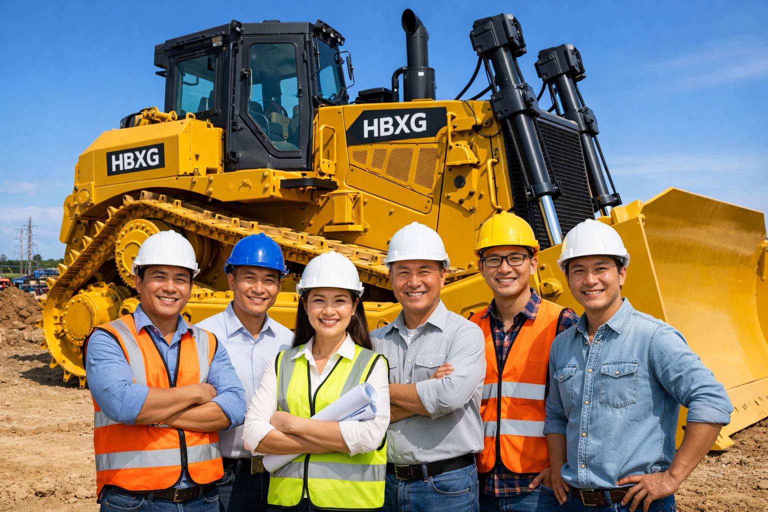 Happy construction professionals with HBXG bulldozer