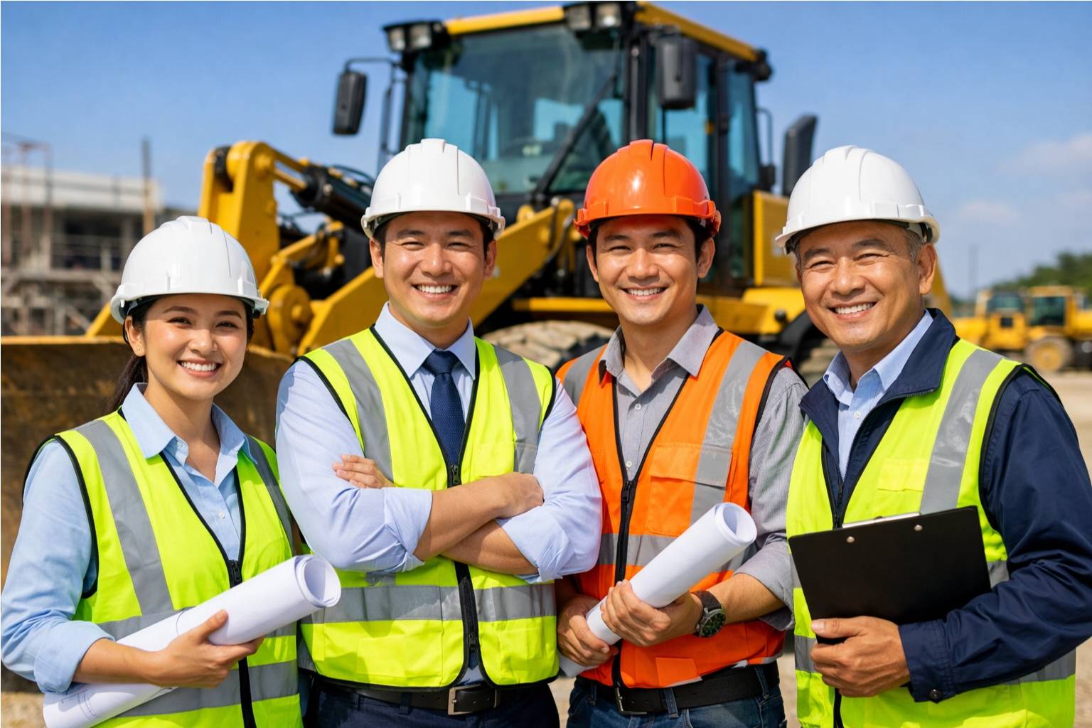 Happy Asian Chinese construction managers and engineers smiling with a modern yellow HBXG bulldozer on a sunny site - HBXG