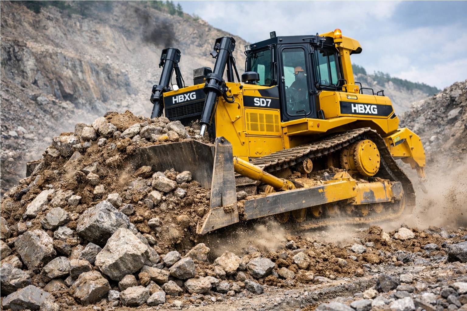 Powerful yellow HBXG SD7 bulldozer with elevated sprocket design pushing rocks in a mining quarry - HBXG