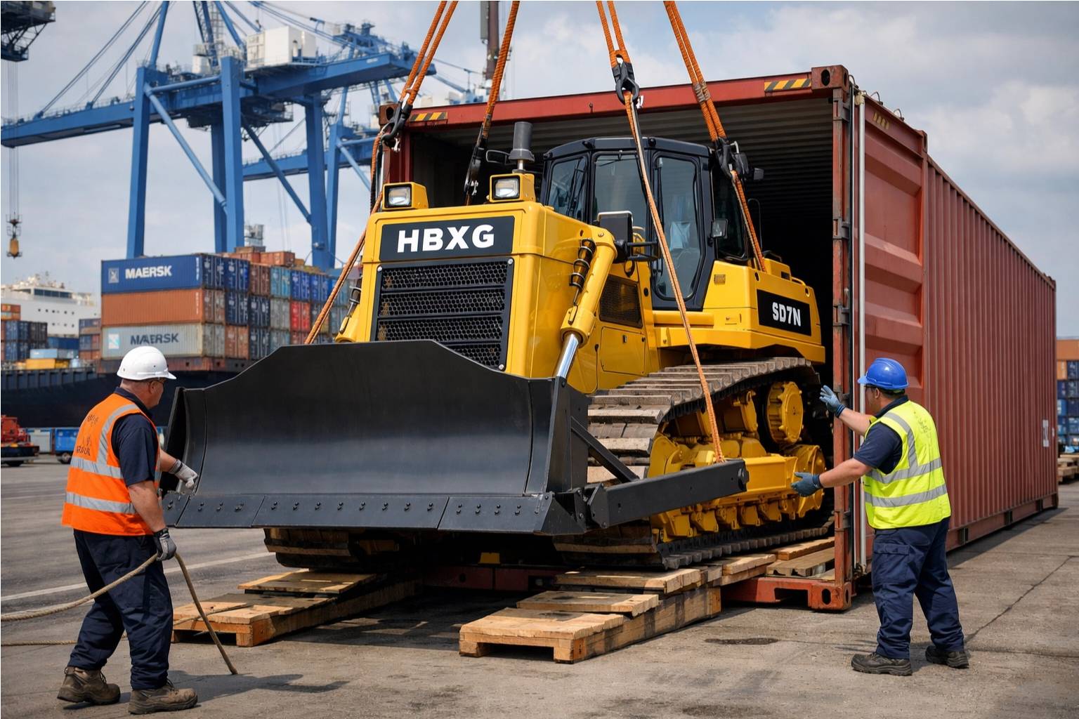 HBXG bulldozer being loaded into a shipping container at a busy port for international delivery - HBXG